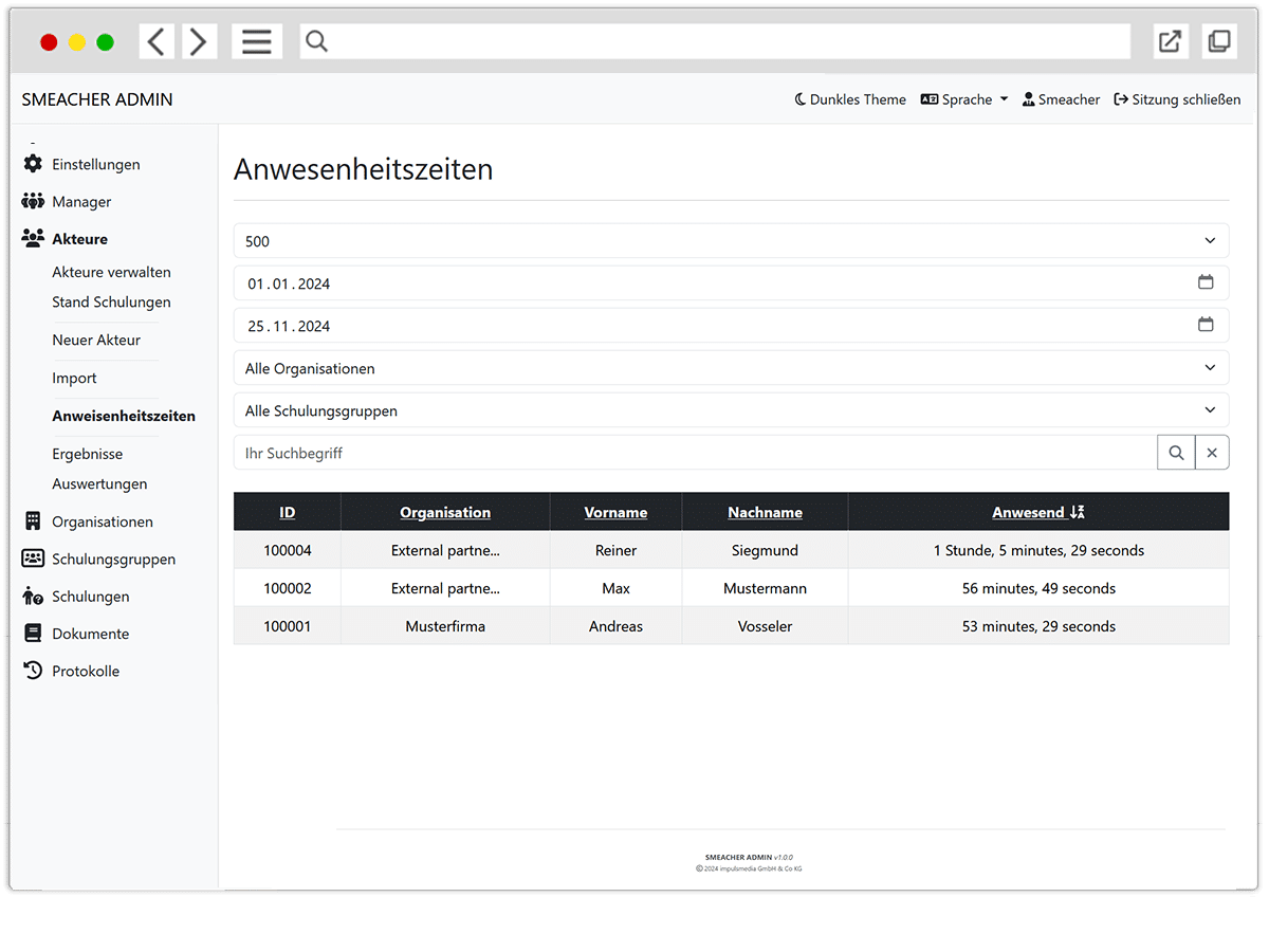 Smeacher Funktionen: Anwesenheitszeiten buchen