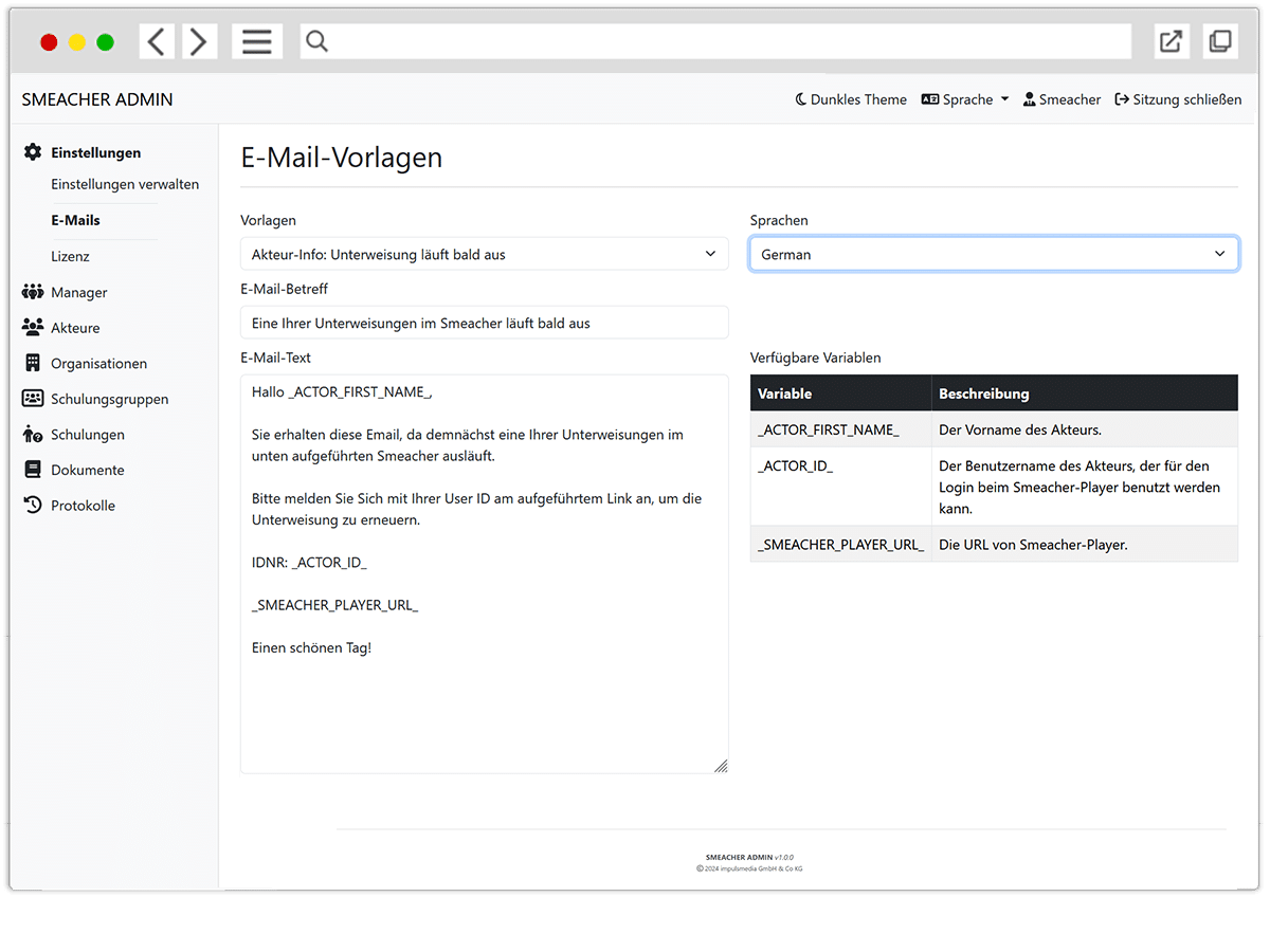 Eine Screenshot vom Smeacher Admin Bereich, der die E-Mail-Vorlagen-Option zeigt.
