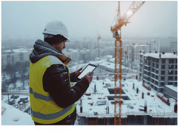 Arbeiter mit Tablet vor winterlicher Baustelle